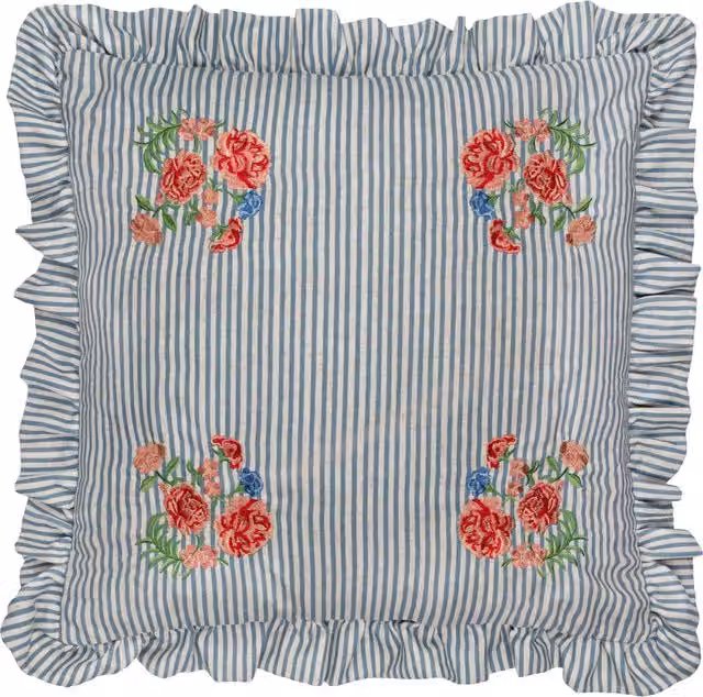 Make It A Home Martha Blue Embroidered Ruffle Linen Cushion Cover