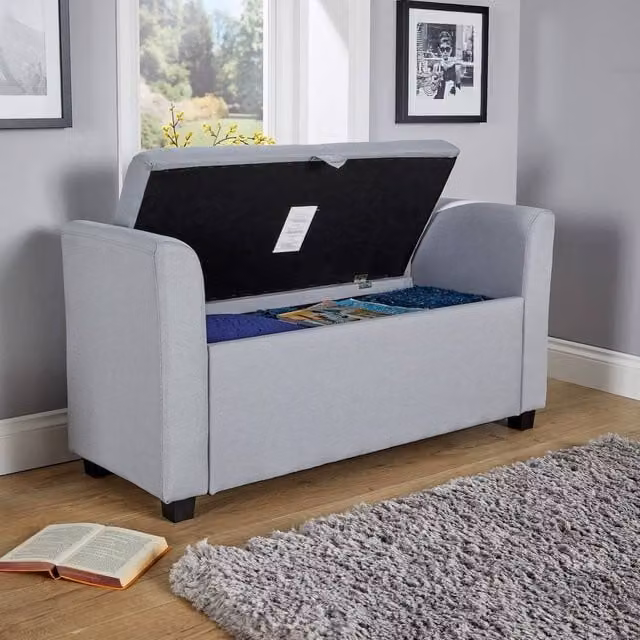Home Source Ottoman Window Seat and Toy Storage Box in Grey Linen Fabric