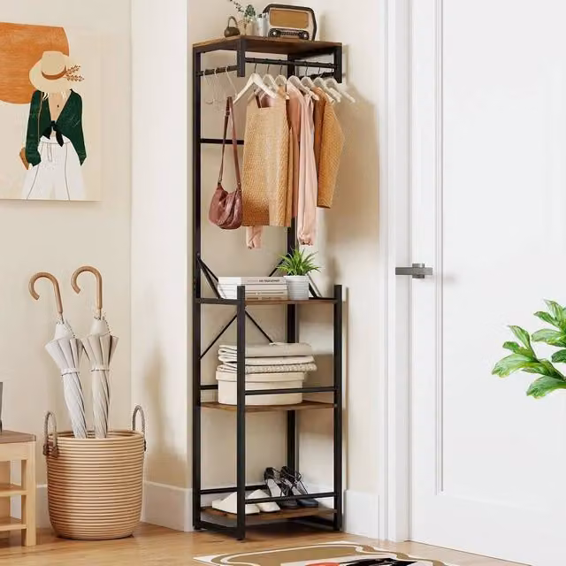 KORVIXA Industrial Slim Hall Tree with Bench and Dual Hook and Rail Matrix in Brown – 1