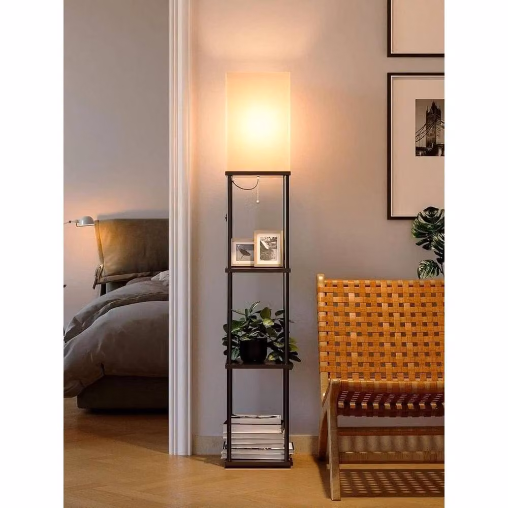 FLAVORA Modern Black Wooden Floor Lamp with Shelf Storage and LED Bulb – 3