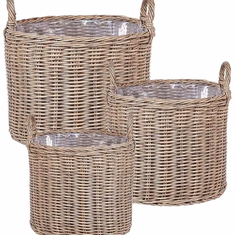 Wyld and Coco Set of 3 Brown Open Weave PE Rattan Round Plant Baskets with Handles