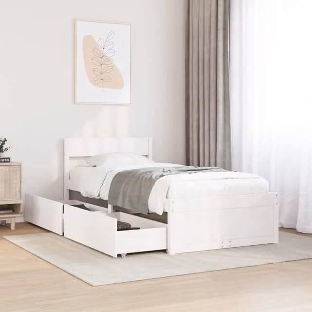 Berkfield Home Modern White Solid Wood Pine Bed Frame with Drawers W/D/H: 90 x 200 cm