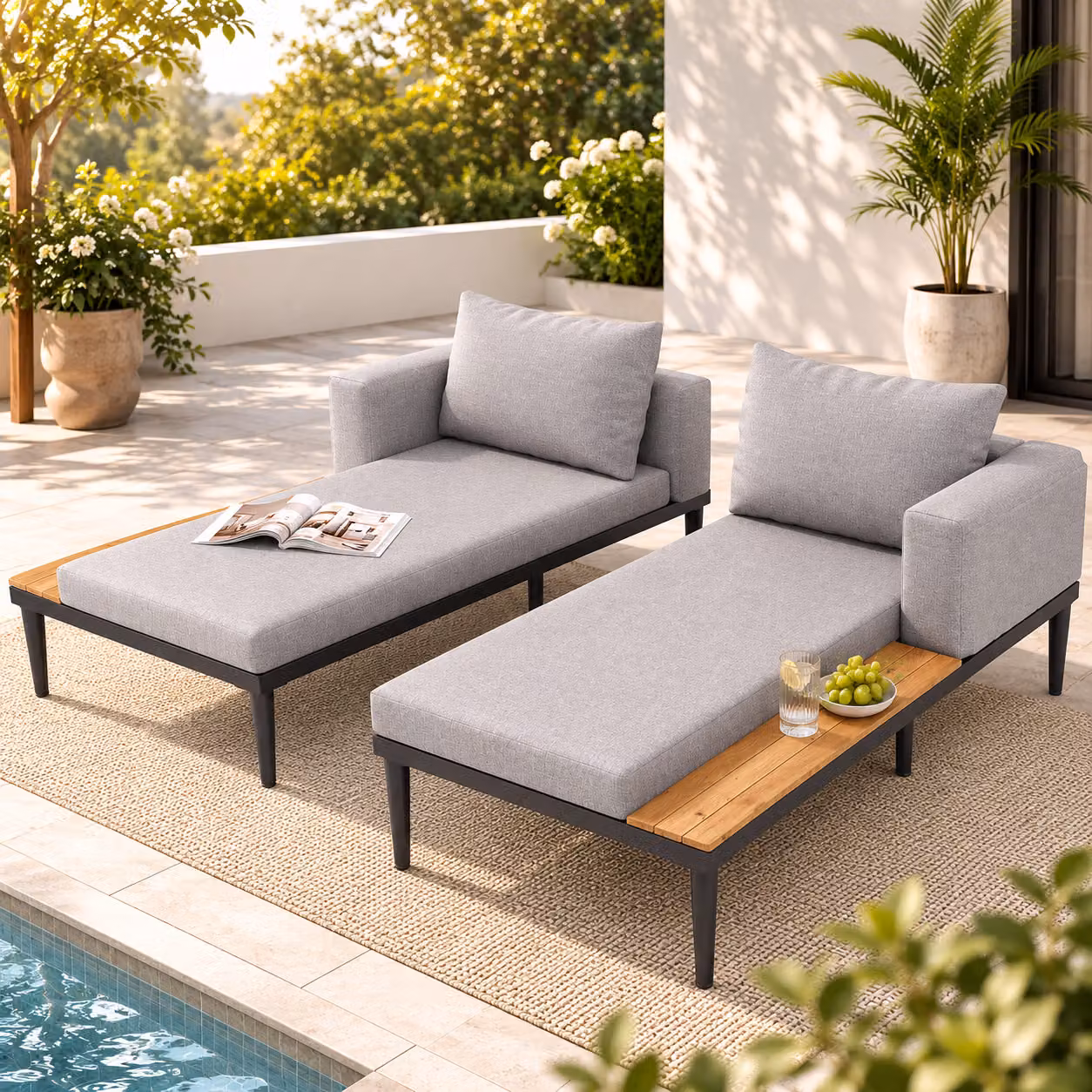 Aosom UK Modular Outdoor Double Chaise Lounge with Powder Coated Steel Frame, Grey, W: 140 cm, D: 150 cm, H: 55 cm – 3