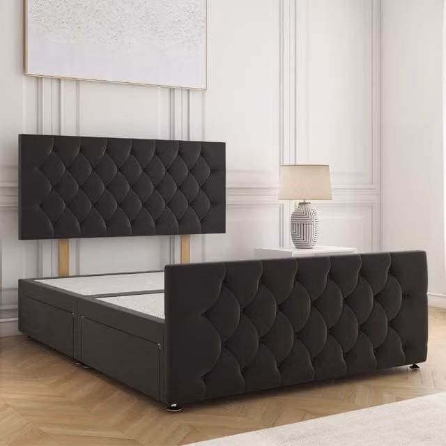 BSSPOKE Maya Velvet Divan Bed with 24 inch Headboard and 2 Drawers, Black, Small Double, W/D/H: 120 x 200 x 30.48 cm – 1