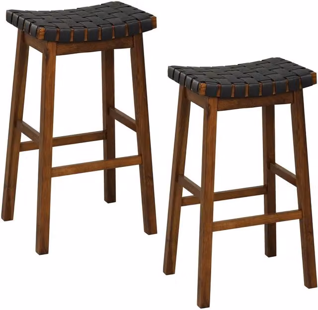 Costway Set of 2 Backless Dining Chairs in Brown and Black PU Leather with Rustic Wood Frames