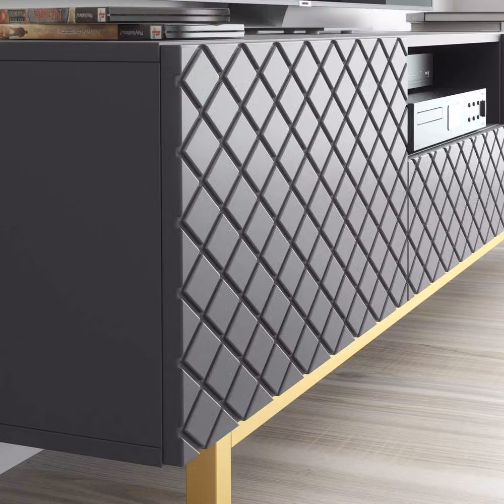 FORGEVIO Modern Grey and Gold Metal TV Stand Cabinet with Media Compartments – 2