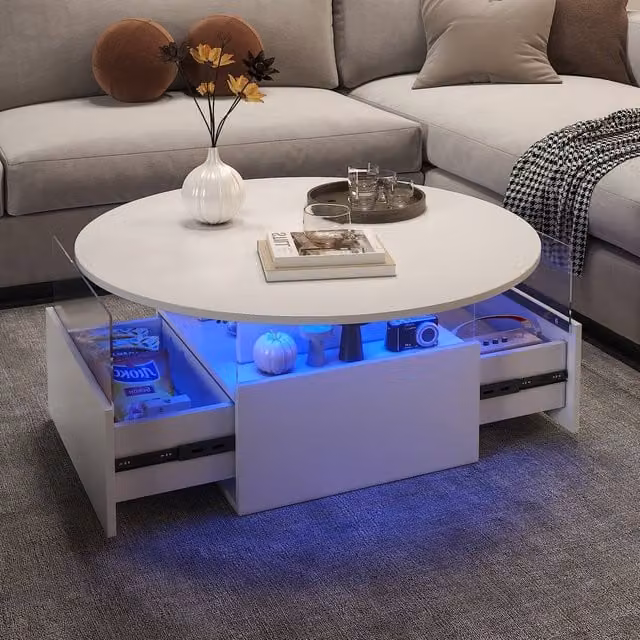 KEEPREAPER Round LED Coffee Table with Storage and 2 Sliding Drawers in White Acrylic – 1