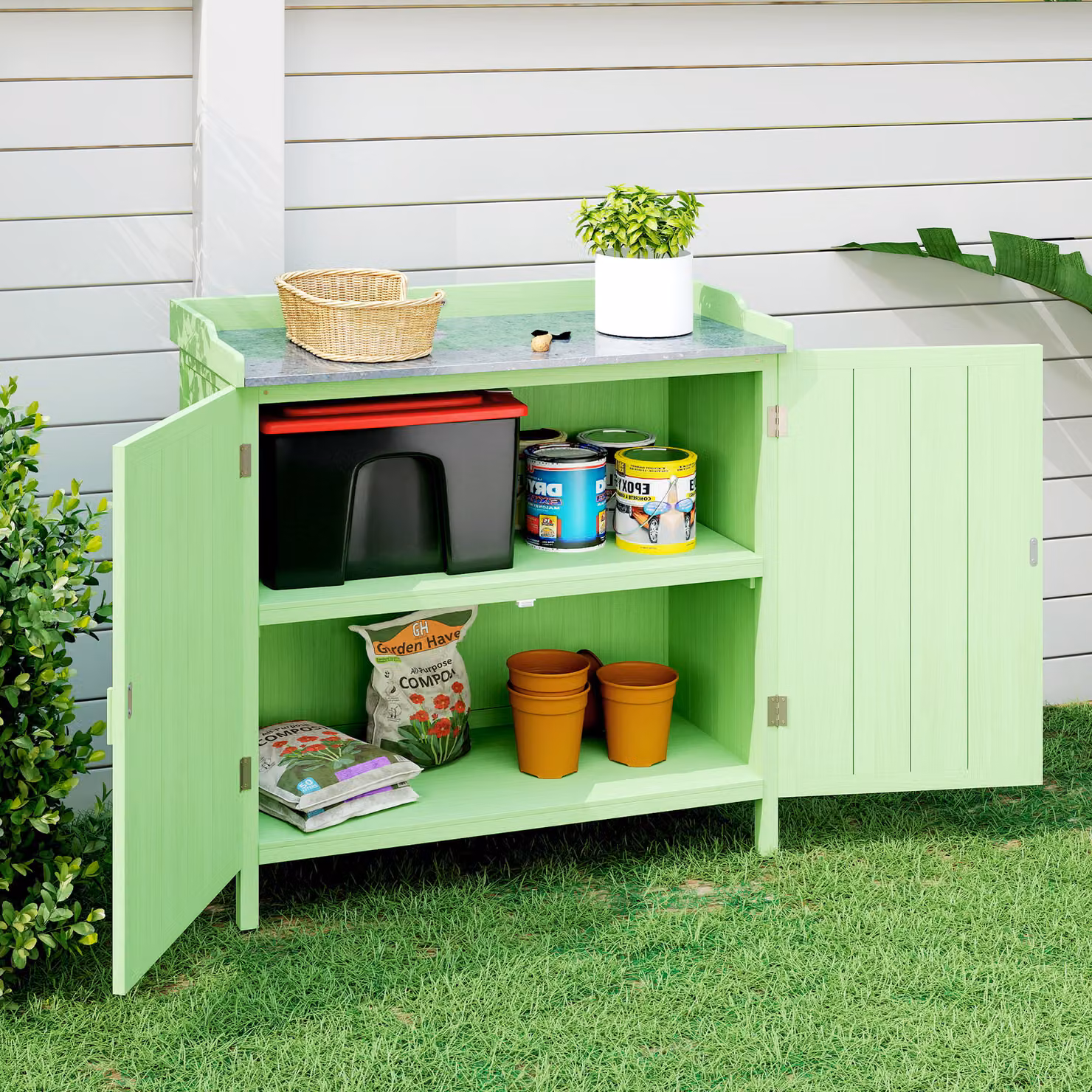 Outsunny Green Wood Garden Storage Cabinet and Potting Bench with Galvanised Steel Top and Internal Shelves – 6