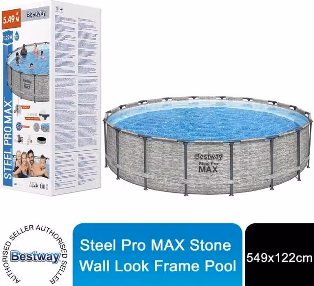 Bestway Steel Pro MAX Round Above Ground Steel Pool with Filter Pump, Grey, Diameter: 549 cm, Height: 122 cm