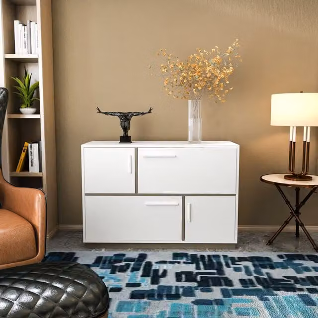 Decorotika Mares Modern Geometric Sideboard in White and Gold, W/D/H: 120 x 45 x 81.6 cm