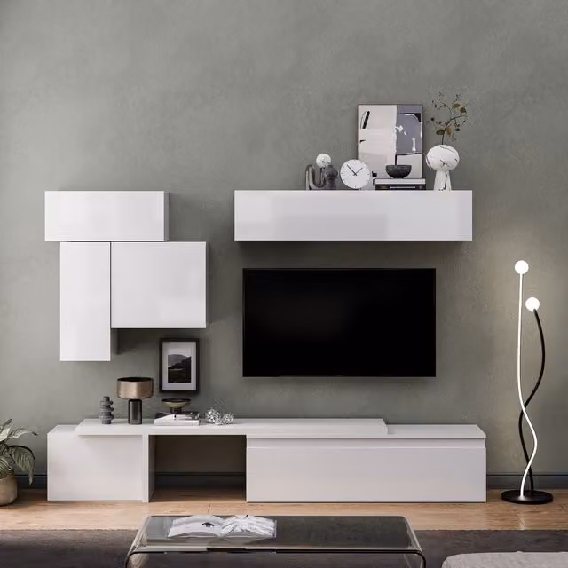 Decorotika Arles Modern Wall Mounted Entertainment Center in High Gloss White