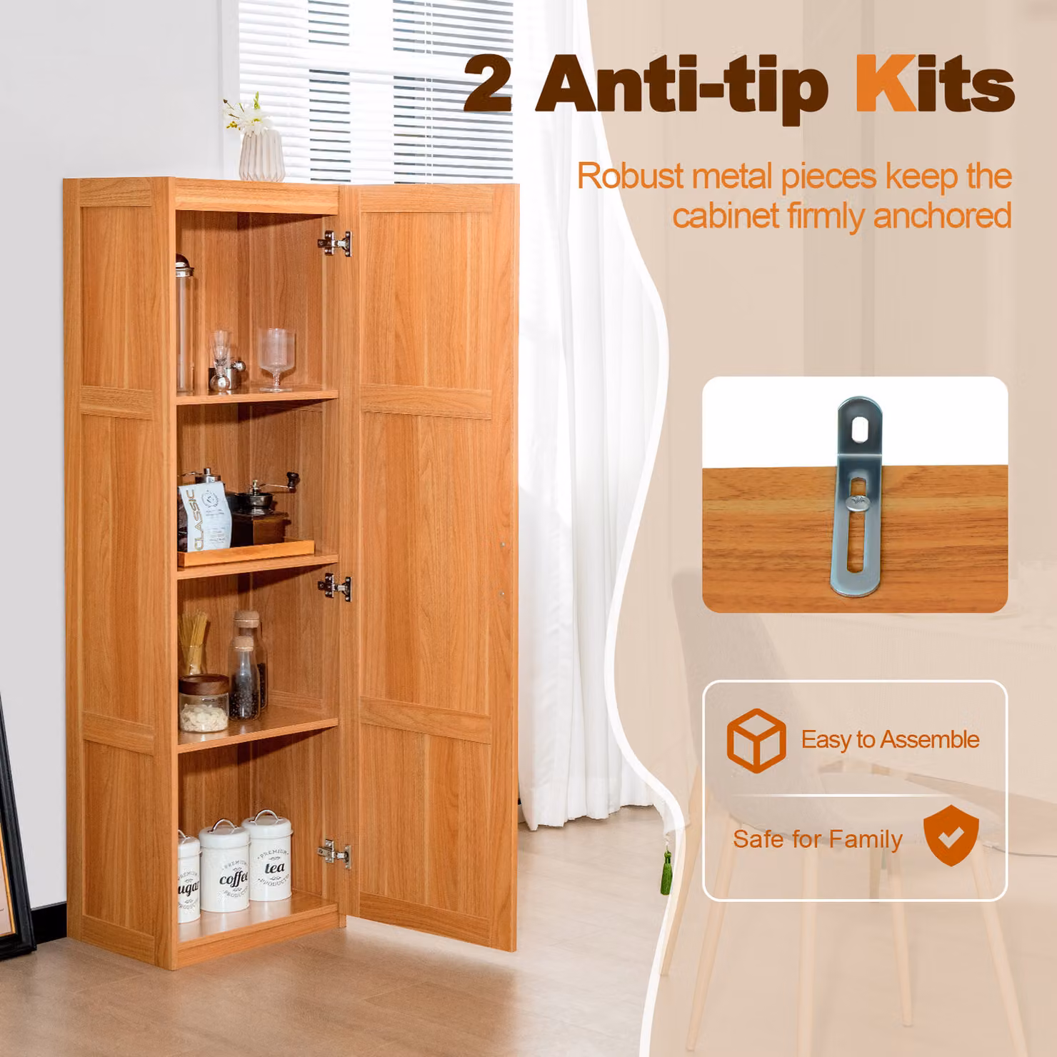 Costway Modern Freestanding Floor Cabinet in Natural Wood with Soft-Close Hinged Doors and Internal Shelves, Height: 153 cm – 2