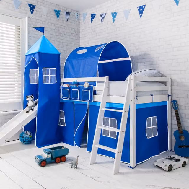 Noa and Nani Moro Cabin Bed with Slide in White and Blue Solid Pine Wood