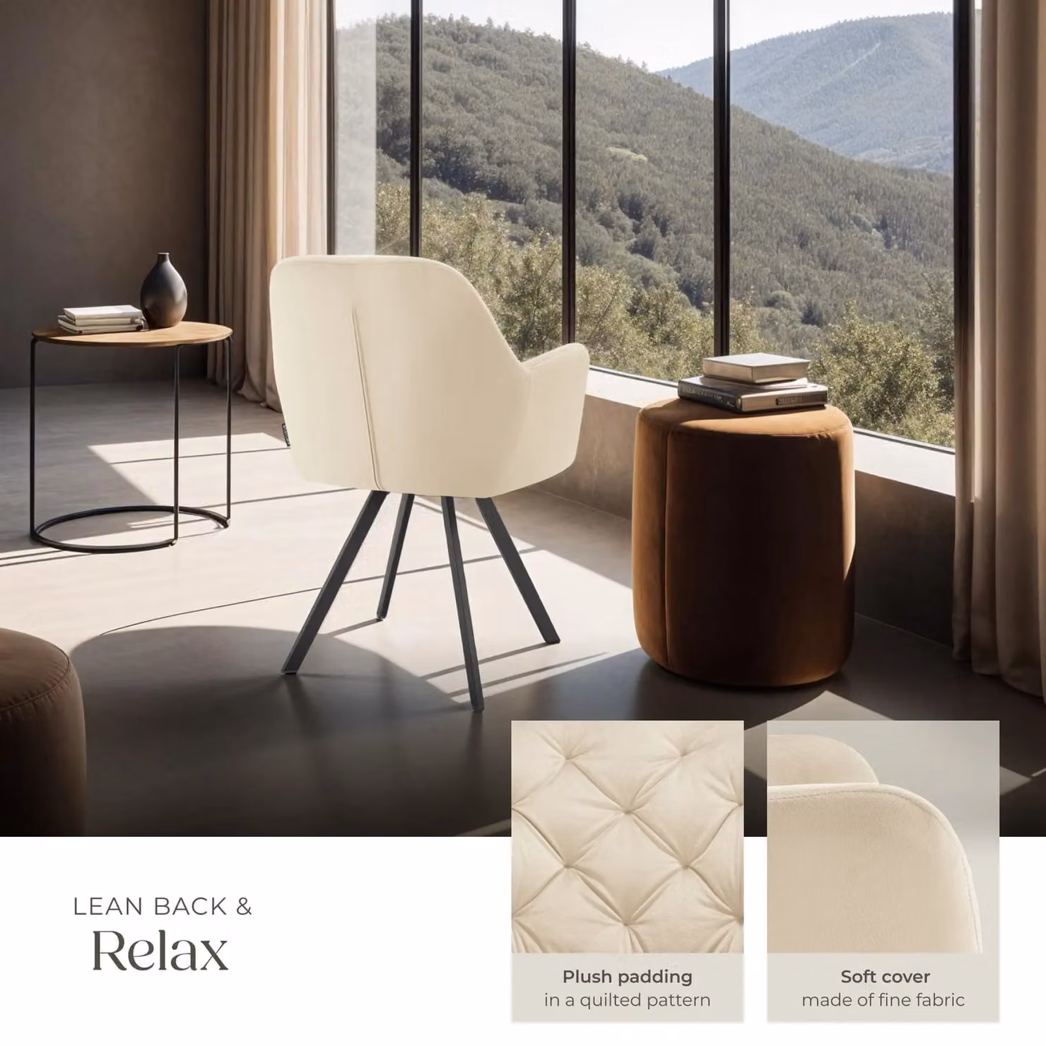 tectake Lucia Armchair in Cream Velvet Fabric with Armrests – 3