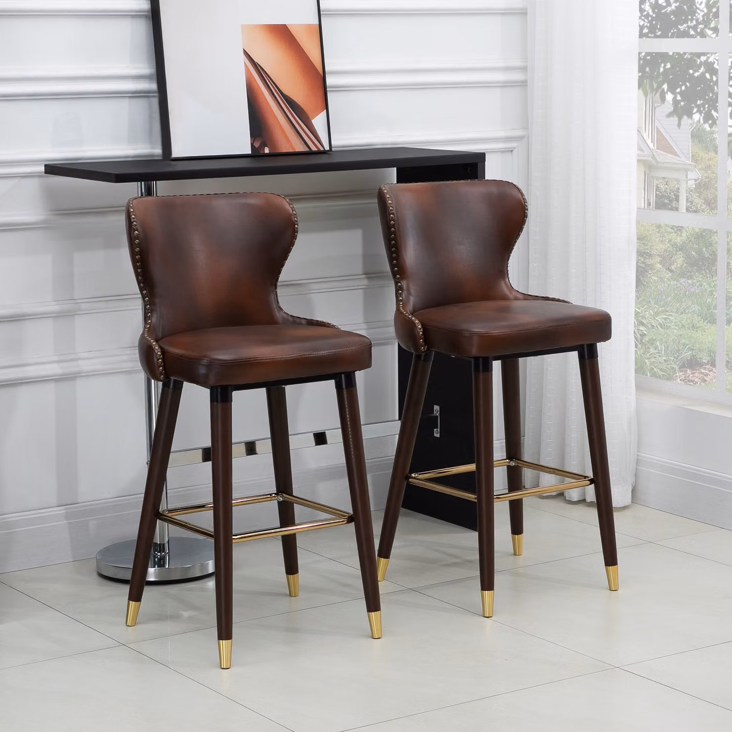 HOMCOM Set of 2 Vintage PU Leather Counter-Height Bar Stools in Brown – 2