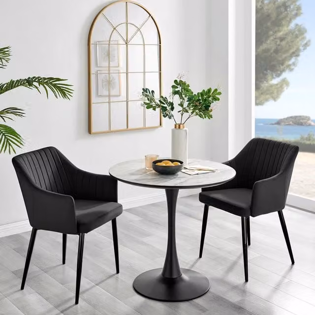 FurnitureboxUK Elina White Marble Effect Round Dining Table and 2 Calla Black Velvet Chairs