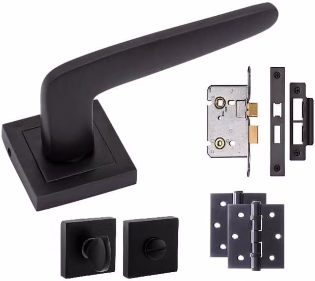Golden Grace Matt Black Bathroom Door Handle on Square Rose Set