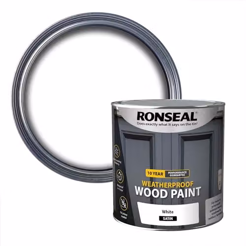 Ronseal 10 Year Weatherproof 2-in-1 Opaque Wood Paint, White Satin, 2.5 Litre