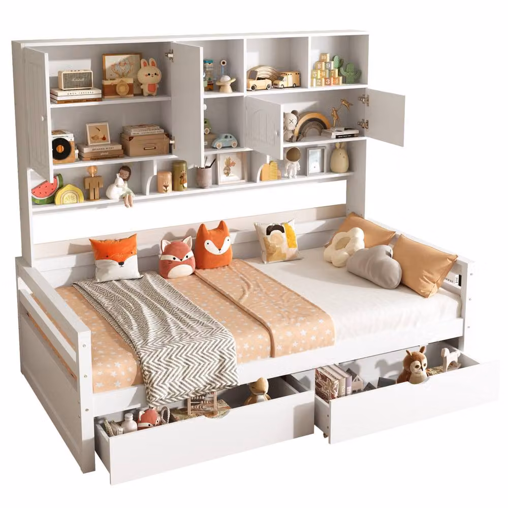 Matteo Single Solid Wood Bed Frame with Storage Drawers and Bookcase Headboard in White, W/D/H: 200 x 90 x 166 cm – 4