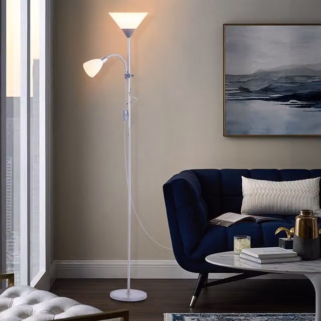 Livingandhome Adjustable Metal Double Head Floor Lamp with Dual Switch in Silver Grey