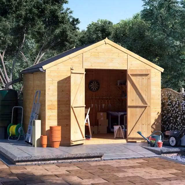 BillyOh Expert Tongue and Groove Apex Wooden Workshop in Brown with Double Doors and Floor