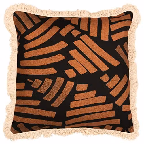 Paoletti Oromo Brown Printed Geometric Fringed Square Cushion, W/D/H: 45 x 45 x 45 cm