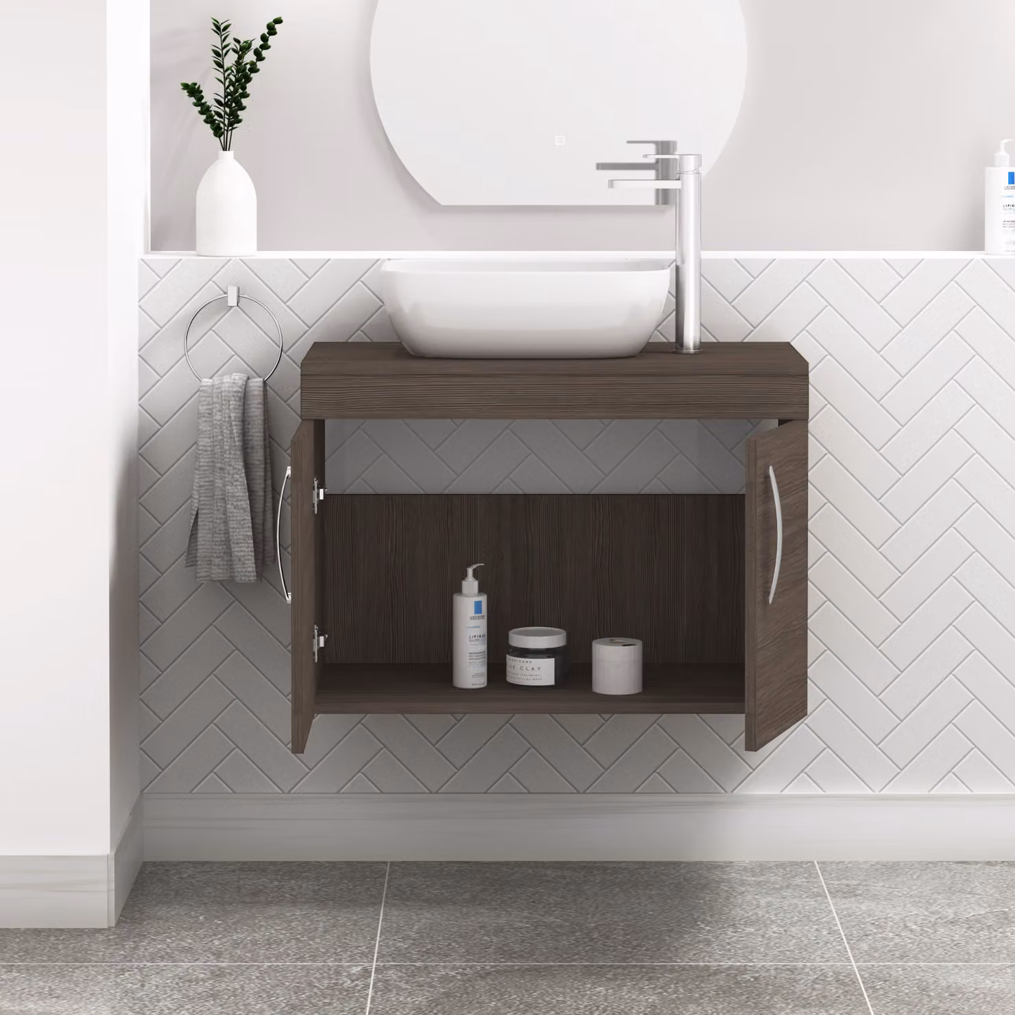 Royal Bathrooms Turin 800mm Wall Hung 2 Door Vanity Unit in Grey Elm with Countertop Basin