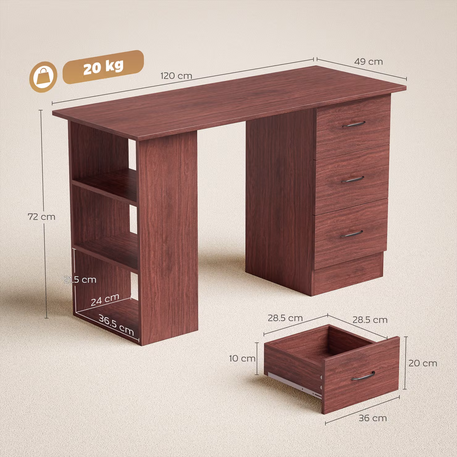 HOMCOM Computer Desk and Writing Table with 3 Storage Shelves and Drawers in Brown – 3