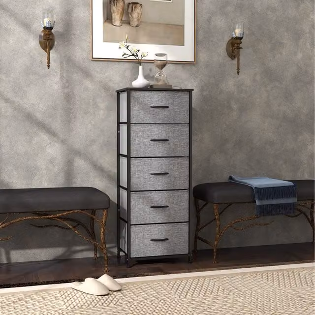 HOMCOM Black and Grey Modern Chest of Drawers with 5 Fabric Drawers and Steel Frame