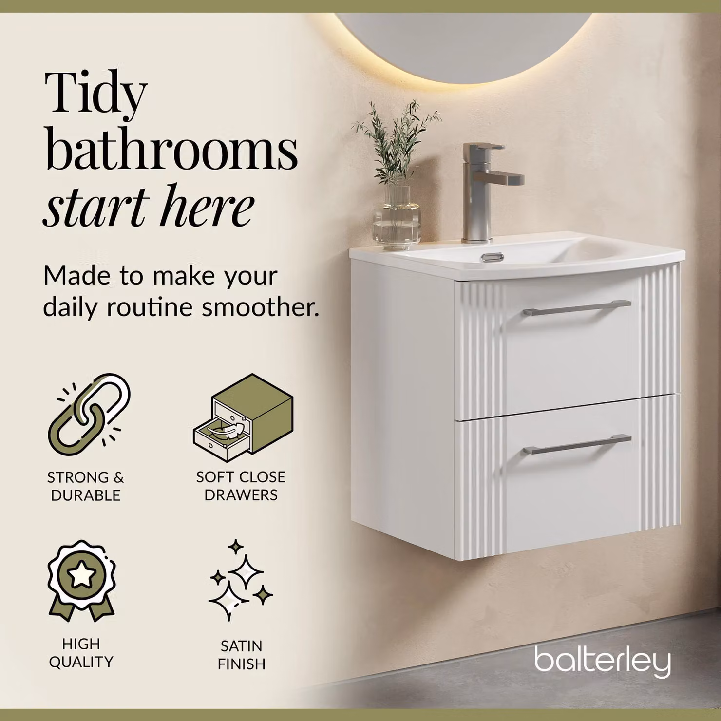 Balterley Wall Hung 2 Drawer Vanity Unit with Curved Basin, Satin White, Width: 50 cm – 2