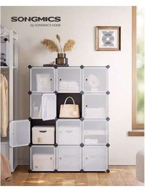 SONGMICS 12-Cube Storage Unit with Hinged Doors, Black, H 123.0 x W 93.0 x D 31.0 cm