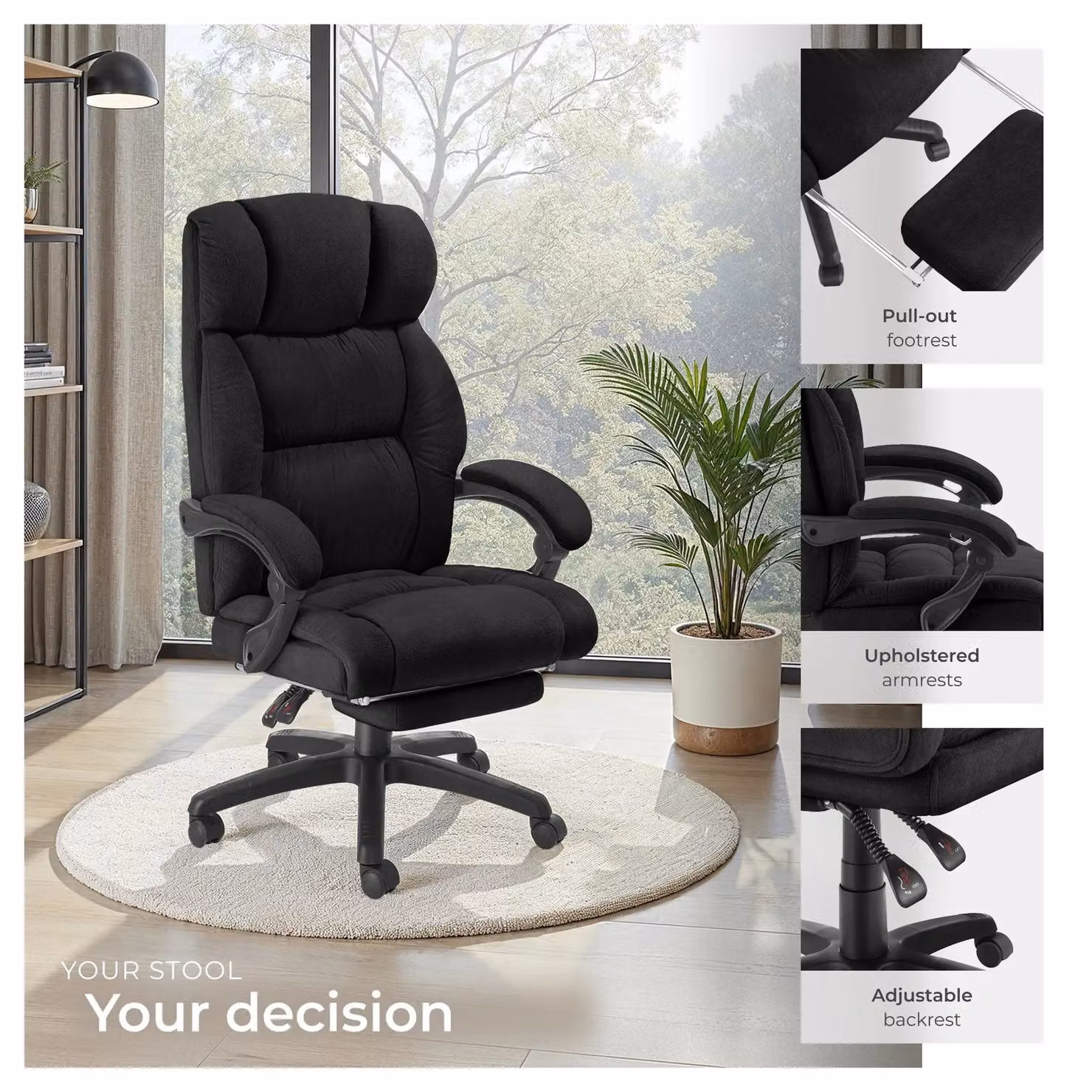 tectake Gillian Modern Black Velvet Swivel Gaming and Office Chair with Headrest and Armrests – 7