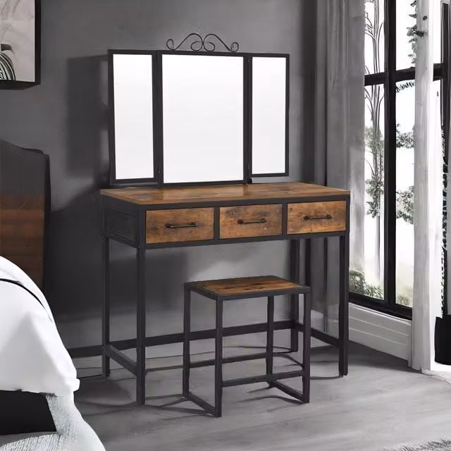 Rafaelo Mobilia Industrial Rustic Brown Dressing Table with Tri-fold Mirror and Stool – 1