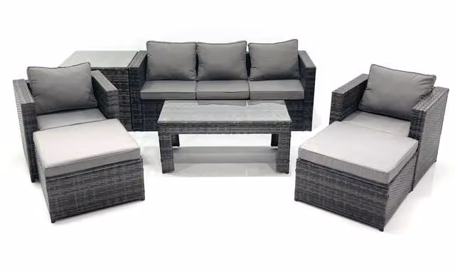Fimous 7 Seater Rattan Garden Furniture Set in Dark Grey with 3 Seater Sofa, 2 Armchairs, 2 Ottomans, Coffee Table and Side Table