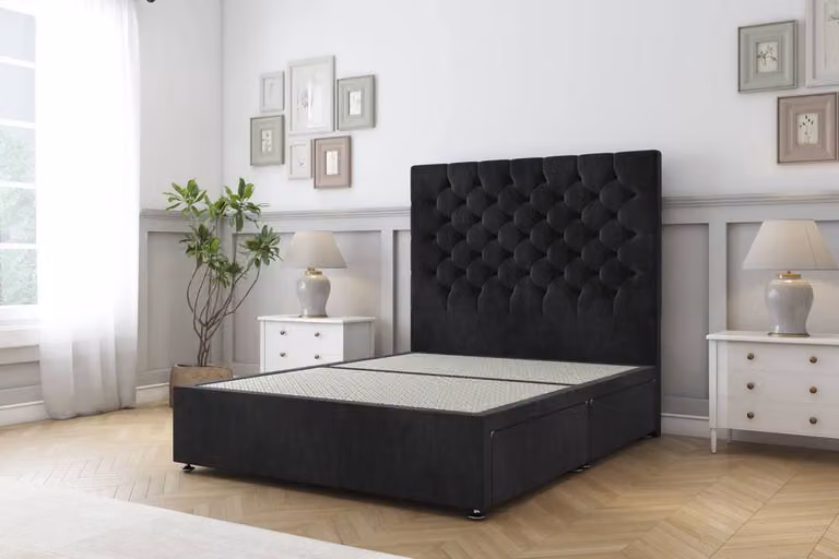 Comfort Beds Winslow Naples Divan Base with 2 Drawers and 26 inch Headboard in Black Velvet Fabric, W/D/H: 120 x 200 cm