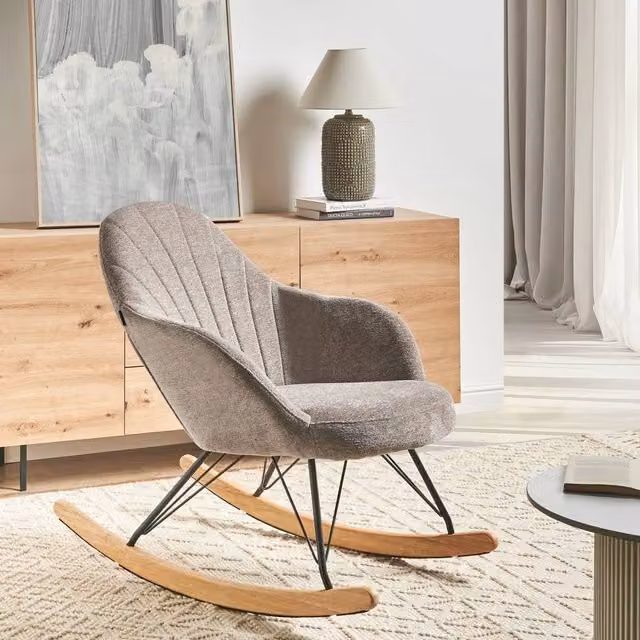 NovaHome Beige Fabric Rocking Armchair with Rubberwood and Metal Frame
