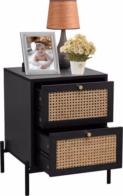 Home Stuff Plus Black Rattan Minimalist Bedside Table