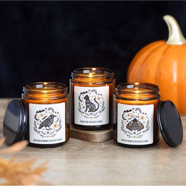 KDMD Set of 3 Autumn Folk Scented Candles in Brown Amber Glass Jars – 1