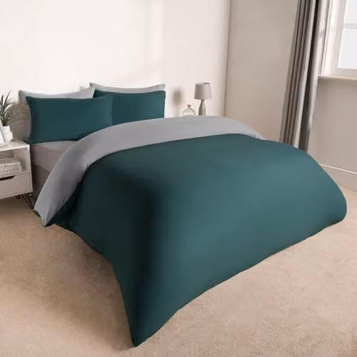 OHS Reversible Plain Microfibre Duvet Cover and Pillowcase Set, Petrol/Grey, W/D/H: 180 x 200 cm, Pillowcase: 50 x 75 cm – 2