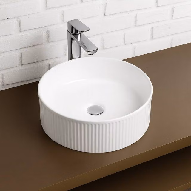 Bathroom Kingdom Flauto Round Ceramic Countertop Basin, White, Diameter: 37.5 cm