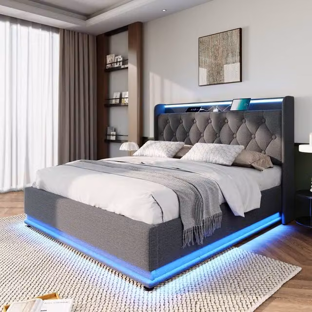 Rolipo Grey Linen Double Ottoman Bed with LED Lighting and USB Charging Ports W: 140 cm, D: 200 cm