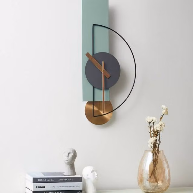 Wyld and Coco Minimalist Geometric Metal Wall Clock in Green and Gold, W/H: 63 x 31 cm