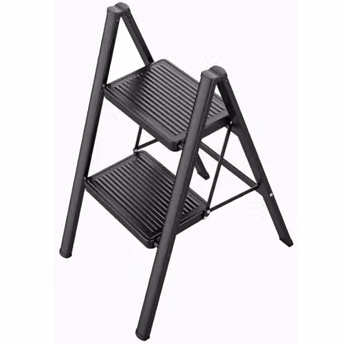 Gr8 Home Black 2 Step Foldable Steel Ladder with Non-Slip Rubber Feet