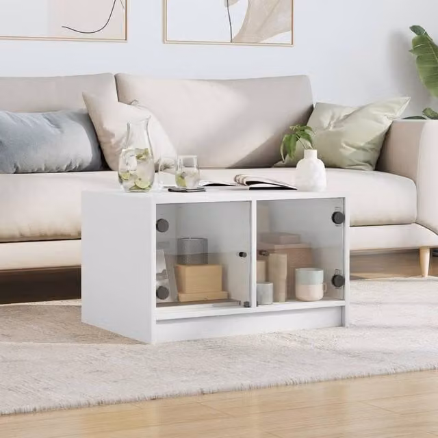 Berkfield Home Modern Coffee Table with Glass Doors, White, W: 68 cm, D: 50 cm, H: 42 cm – 1