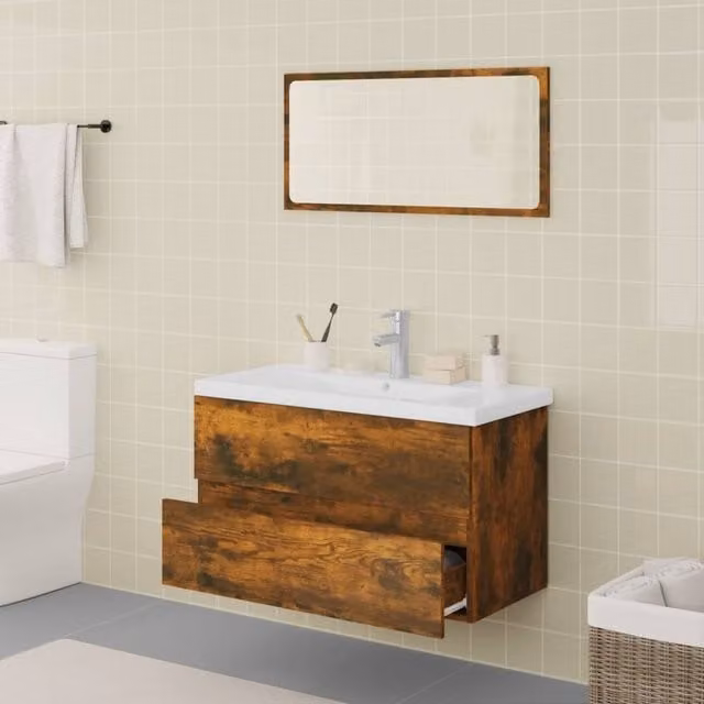 Berkfield Home Modern Wall Mounted Bathroom Furniture Set with Vanity Unit and LED Mirror Cabinet in Smoked Oak Brown and White, W/D/H: 80 x 39.5 x 45 cm – 1