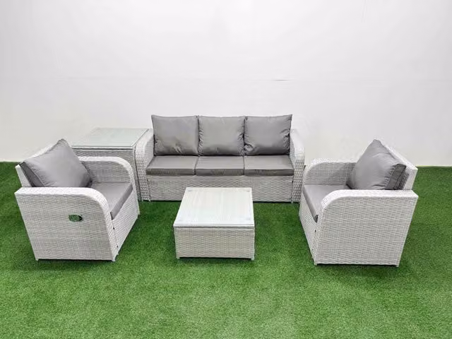 Fimous PE Rattan Garden Furniture Set in Light Grey with 3-Seater Sofa, Lounge Armchairs, Coffee Table and Side Table