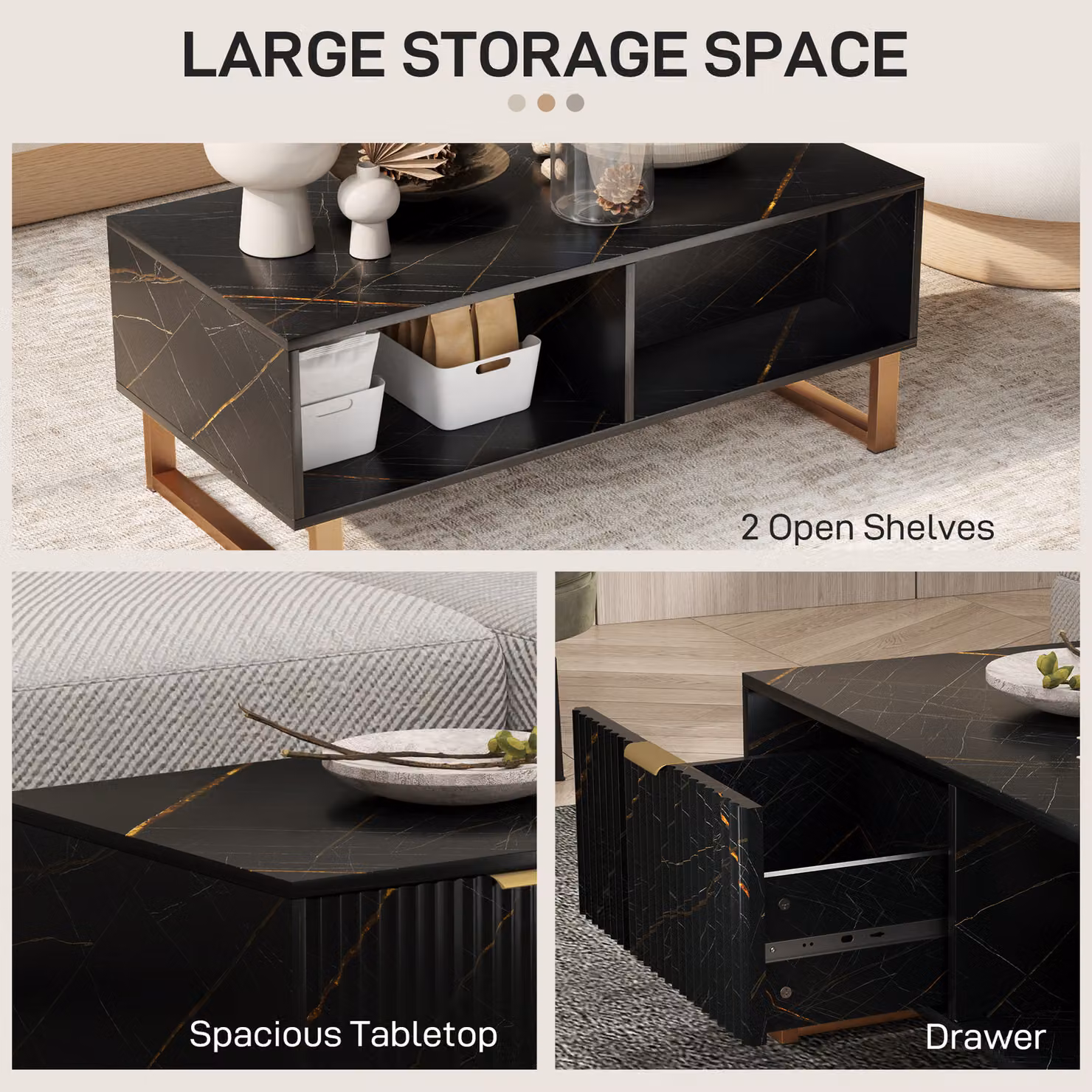 HOMCOM Elegant Marble Effect Storage Coffee Table in Black and Gold – 5