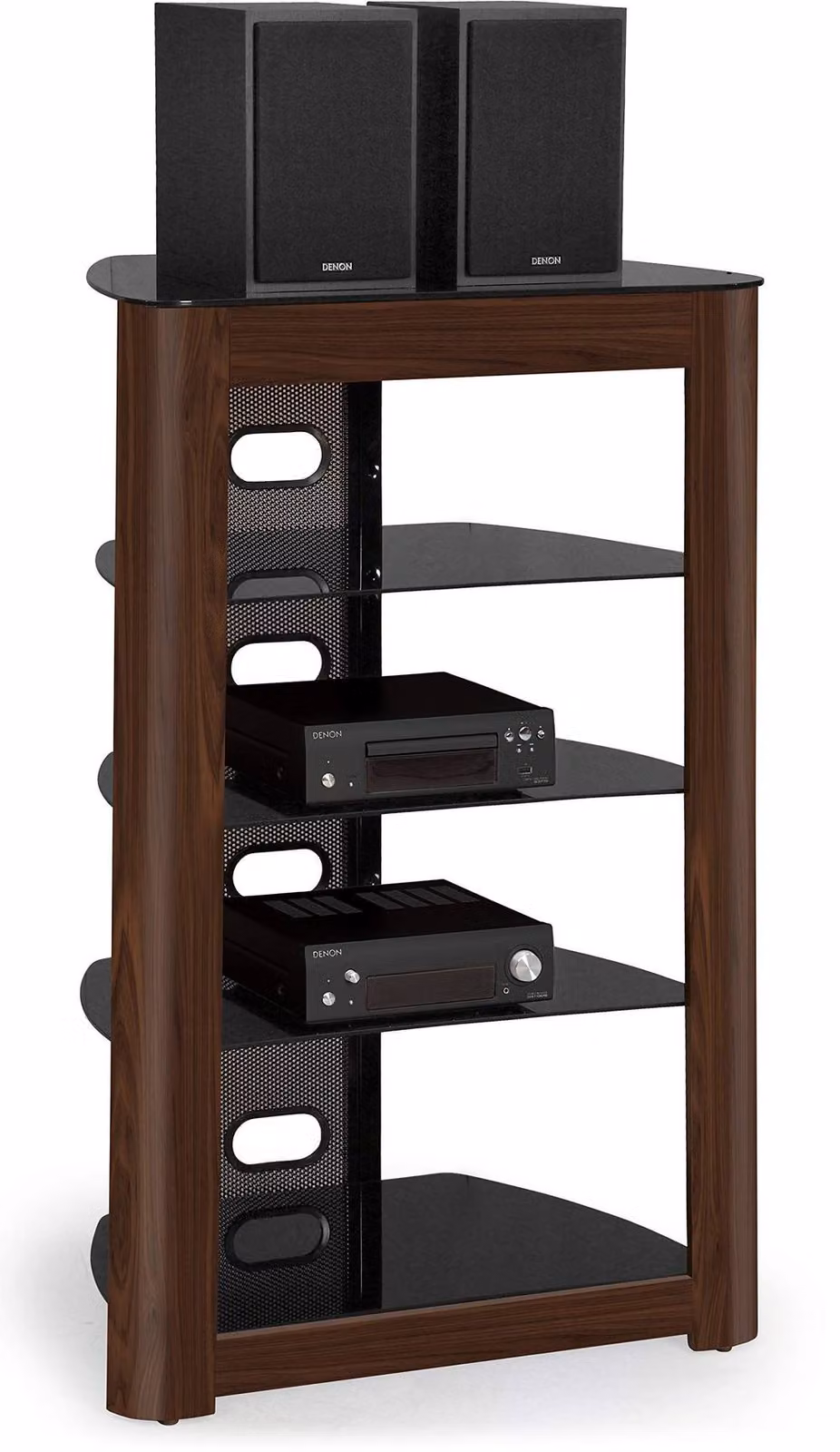 Centurion Supports Zinnia 5-Tier AV Equipment Rack in Black Glass with Walnut Fascia, W/D/H: 102 x 49 x 68 cm – 5