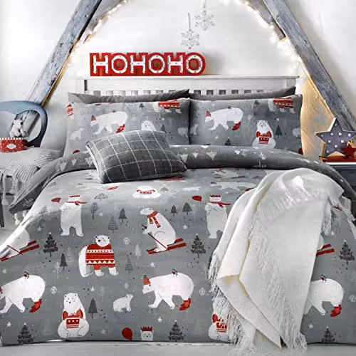 Bedlam Christmas Polar Bears Duvet Cover and Pillowcase Set in Silver and Grey, W/D/H: 140 x 200 cm and 90 x 200 cm
