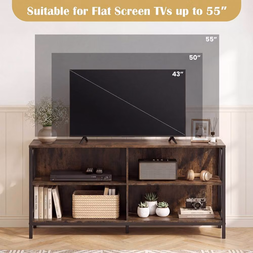 Gymax Industrial TV Stand and Entertainment Centre with 4 Open Storage Shelves in Brown and Metal – 6